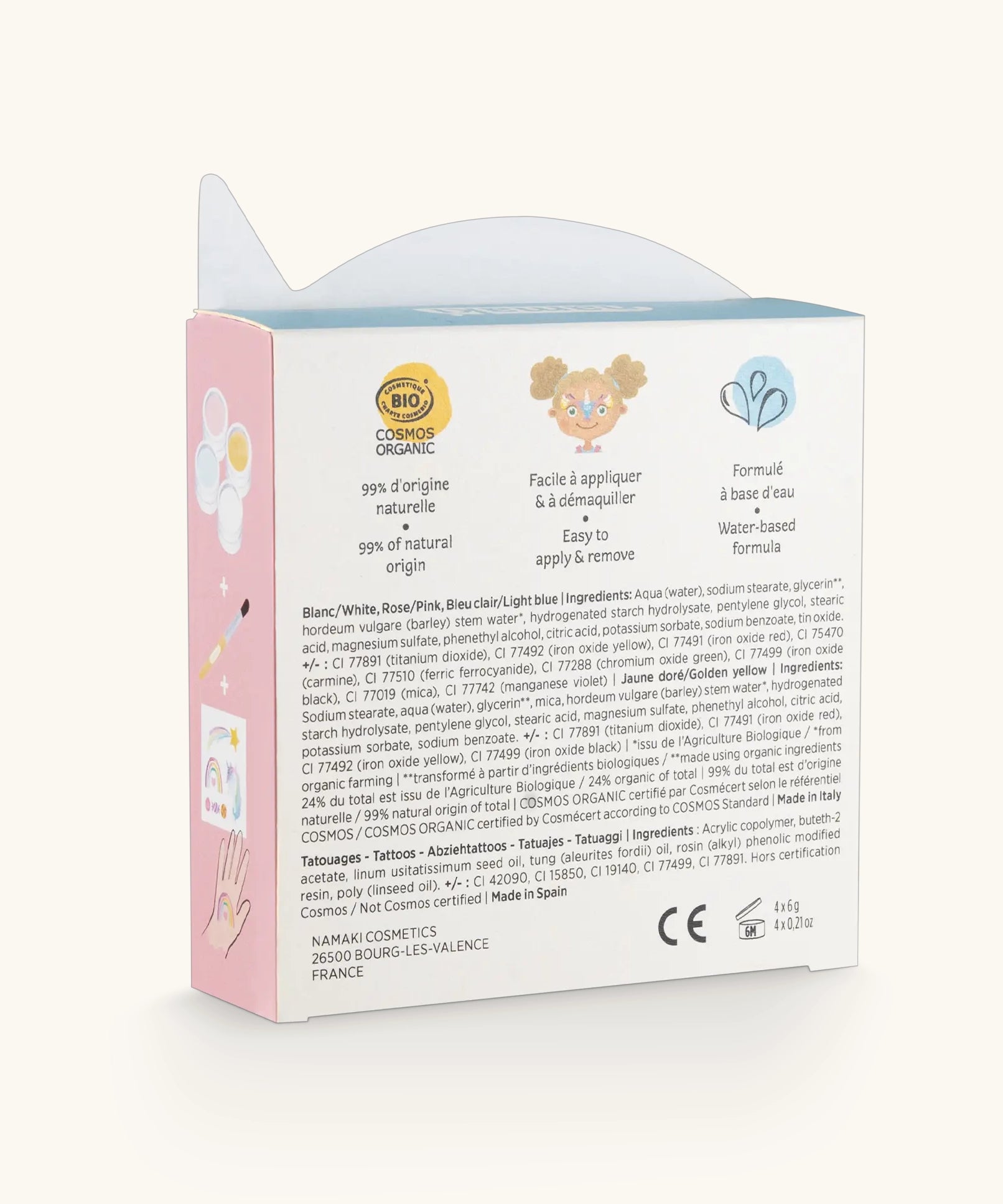 Ingredients list on the back of the Namaki unicorn face painting kit with four face paints, brush and a sheet of tattoos.