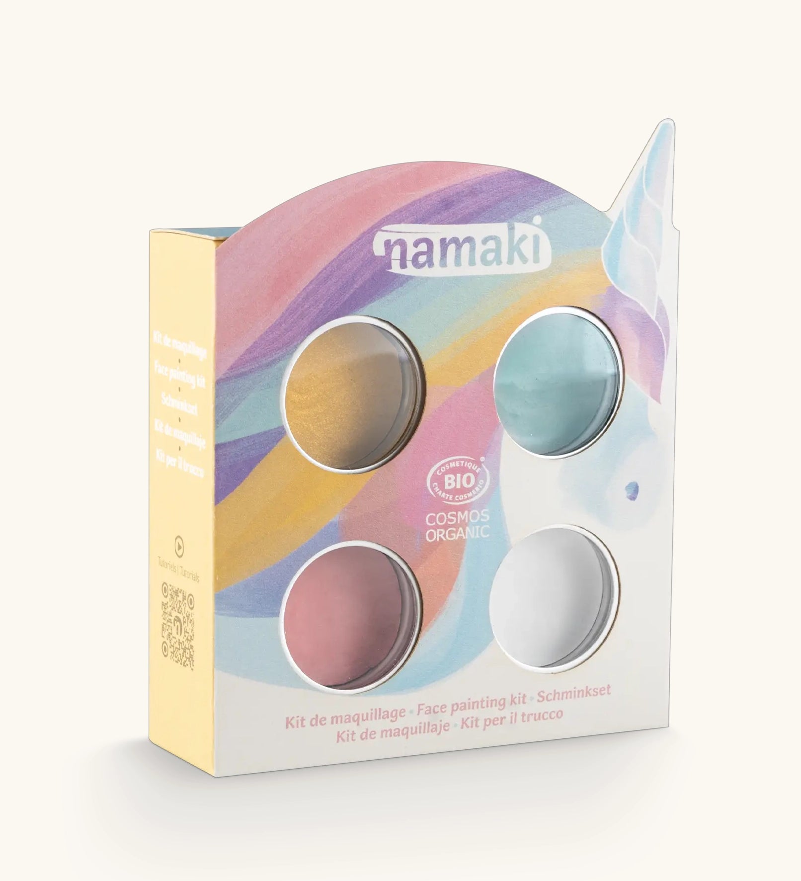 Namaki unicorn face painting kit with four face paints, brush and a sheet of tattoos.