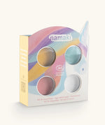 Namaki unicorn face painting kit with four face paints, brush and a sheet of tattoos.