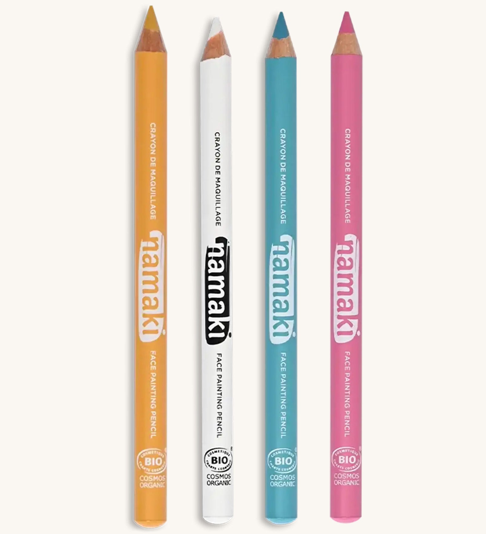 Namaki fairytale face painting slim pencils set. Comes in 4 different colours, yellow, white, light blue and light pink. Features the brand name on the side of the pencil