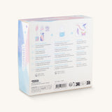 The back of the gift box showing the list of contents in the Namaki Hummingbird Trio Children's beauty Gift Set. The set contains a blue coloured nail polish, a sheet of tatoos and a lip gloss. Namaki have a range of natural and organic face paint sets and makeup for kids available at Babipur. 