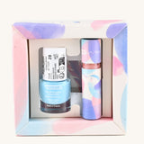 Namaki Hummingbird Trio Children's beauty Gift Set. The set contains a blue coloured nail polish, a sheet of tatoos and a lip gloss. Namaki have a range of natural and organic face paint sets and makeup for kids available at Babipur. 