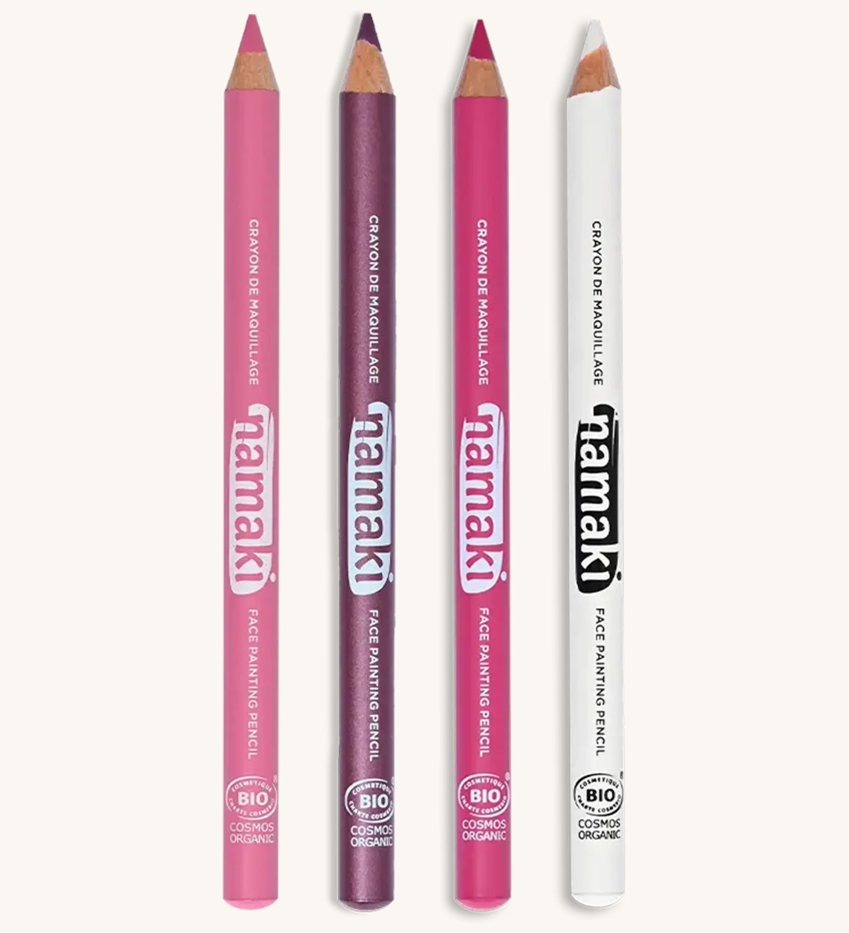 Namaki magical colours face painting slim pencils set. Comes in 4 different shades of pink, purple and a white colour. Features the brand name on the side of the pencil