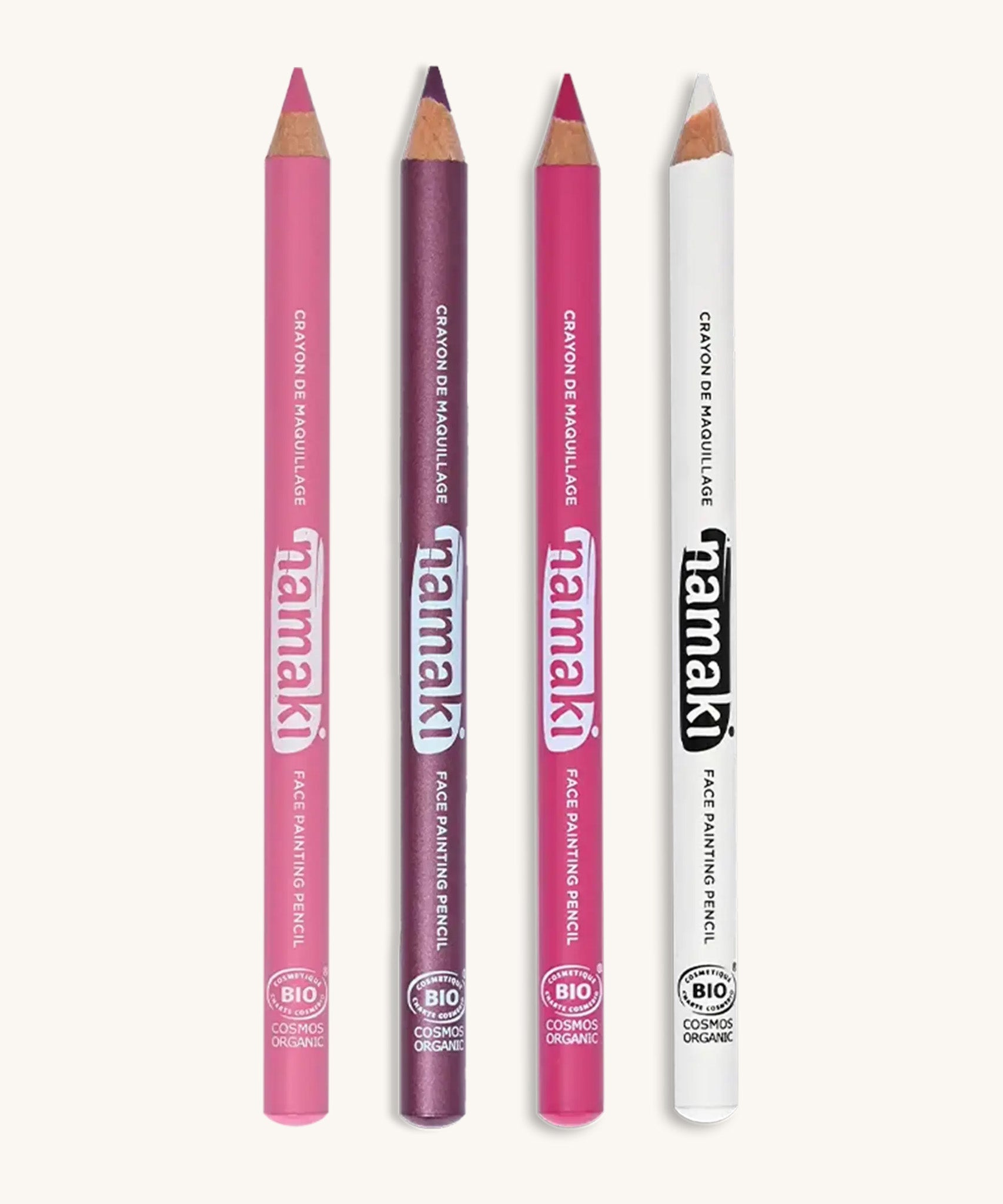Namaki magical colours face painting slim pencils set. Comes in 4 different shades of pink, purple and a white colour. Features the brand name on the side of the pencil