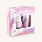 Namaki Nightingale Trio Children's beauty Gift Set. The set contains a pink coloured nail polish, a compact mirror and a raspberry lip balm. Namaki have a range of natural and organic face paint sets and makeup for kids available at Babipur. 