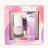 Namaki Nightingale Trio Children's beauty Gift Set. The set contains a pink coloured nail polish, a compact mirror and a raspberry lip balm. Namaki have a range of natural and organic face paint sets and makeup for kids available at Babipur. 
