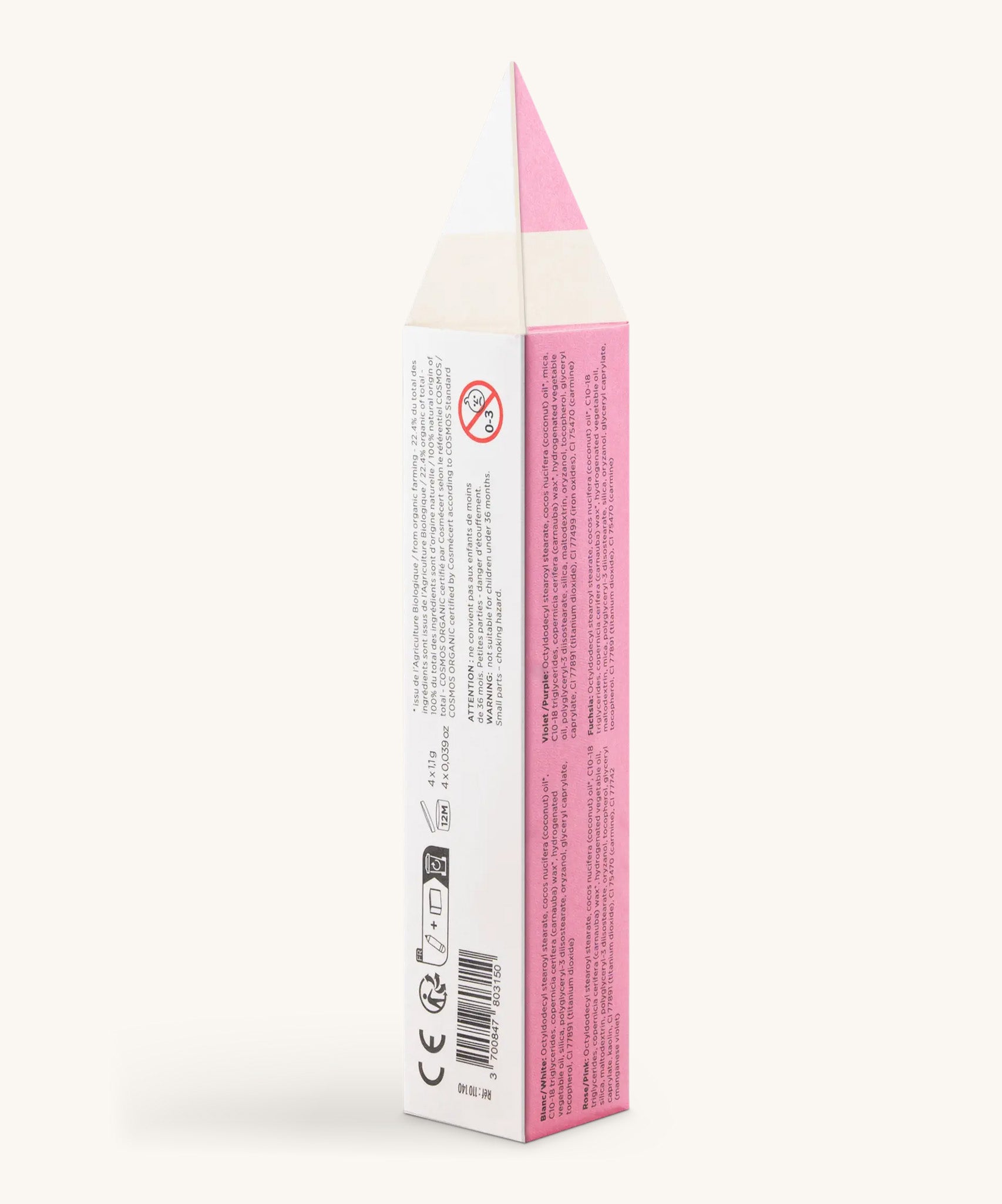 A back view packaging for the Namaki magical colours slim pencil set. Showing the back detail and shaped as a pencil in white and pink.