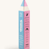 A front view packaging for the Namaki fairytale slim pencil set. Showing the front detail and shaped as a pencil in light blue and pink. Features the brand name on the side