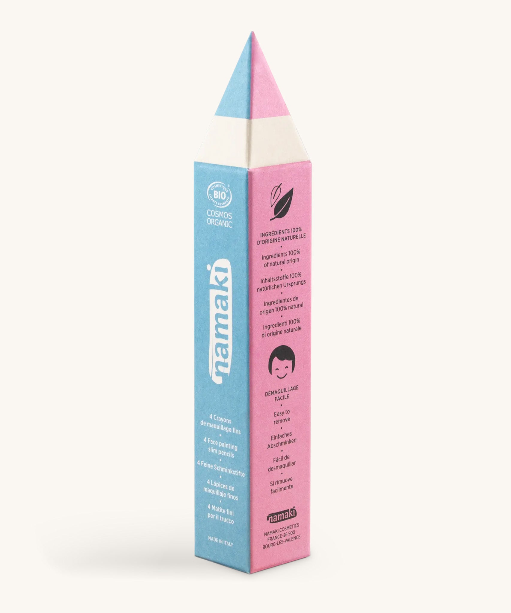 A front view packaging for the Namaki fairytale slim pencil set. Showing the front detail and shaped as a pencil in light blue and pink. Features the brand name on the side