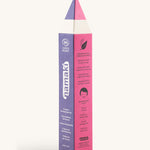 A front view packaging for the Namaki magical colours slim pencil set. Showing the front detail and shaped as a pencil in purple and pink. Features the brand name on the side