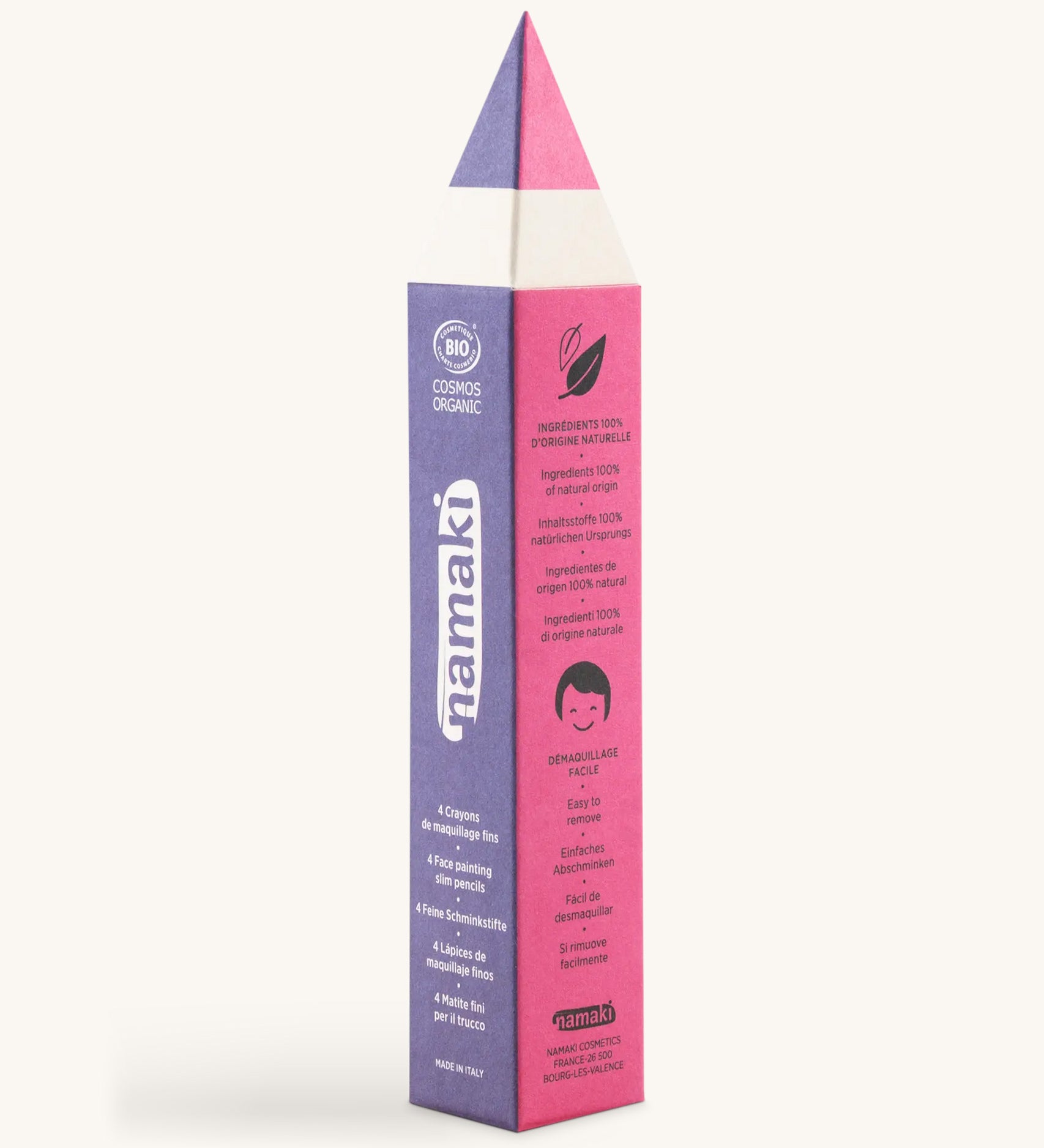 A front view packaging for the Namaki magical colours slim pencil set. Showing the front detail and shaped as a pencil in purple and pink. Features the brand name on the side
