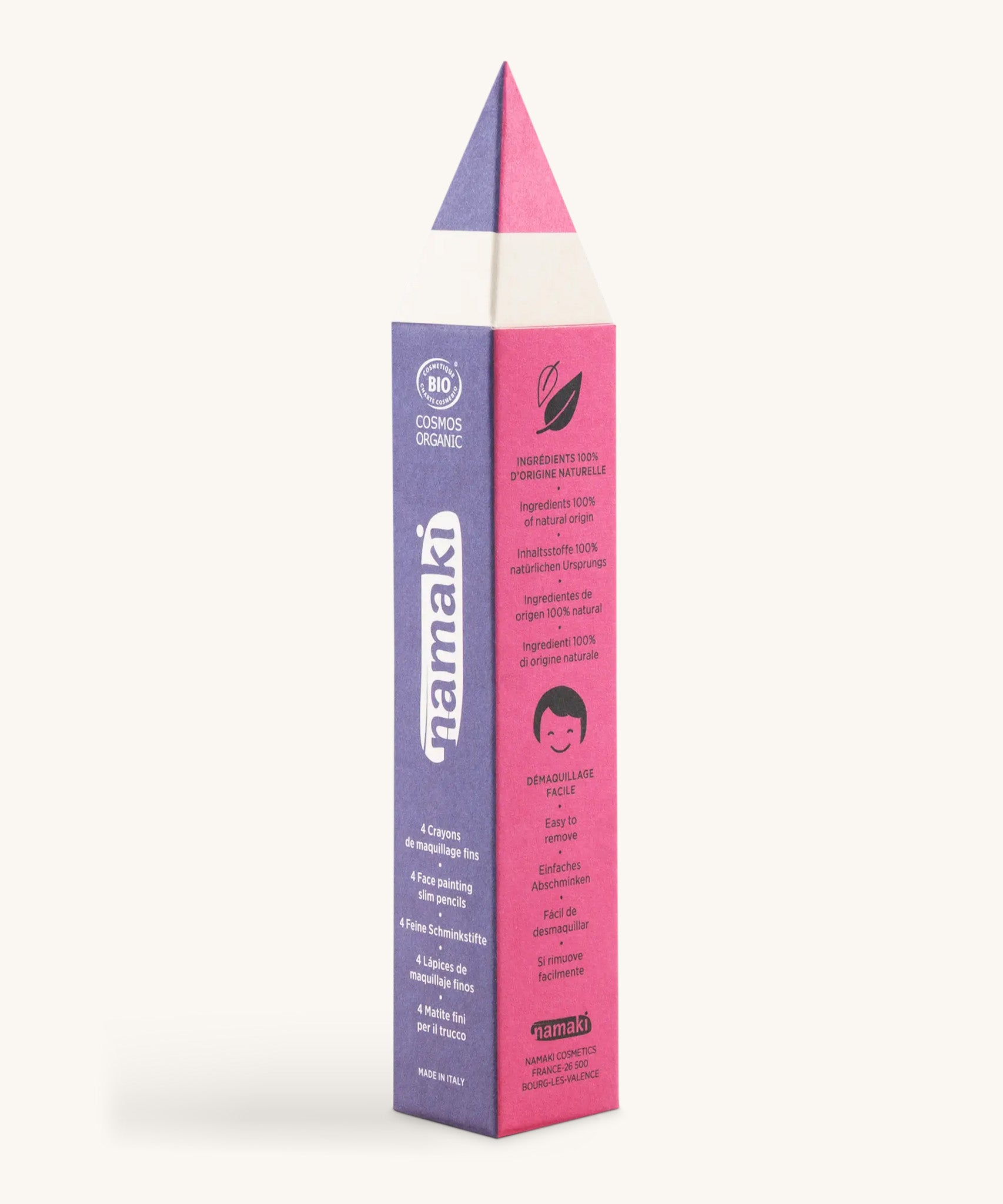 A front view packaging for the Namaki magical colours slim pencil set. Showing the front detail and shaped as a pencil in purple and pink. Features the brand name on the side