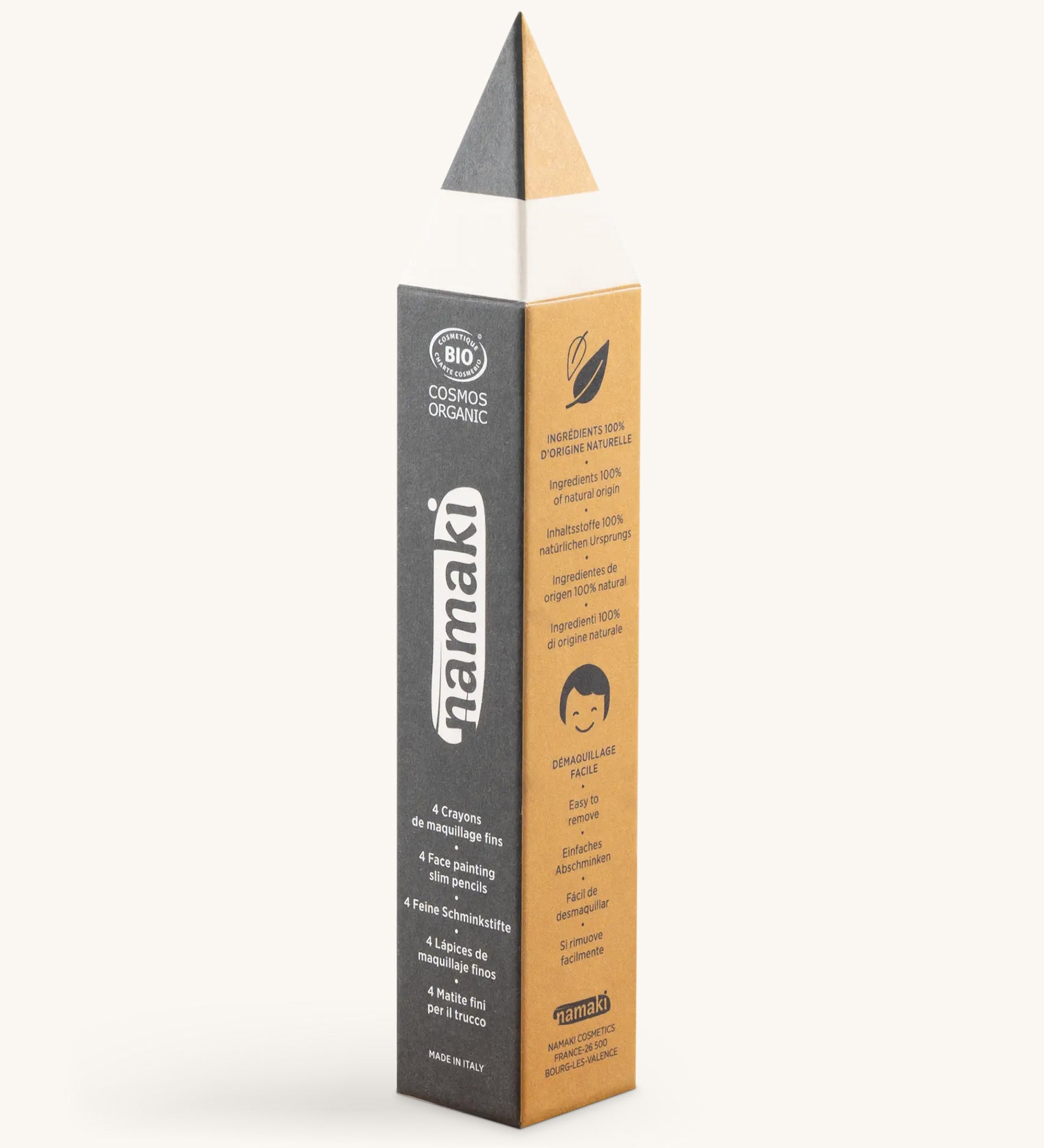 A front view packaging for the Namaki sparkle slim pencil set. Showing the front detail and shaped as a pencil in black  and gold. Features the brand name on the side