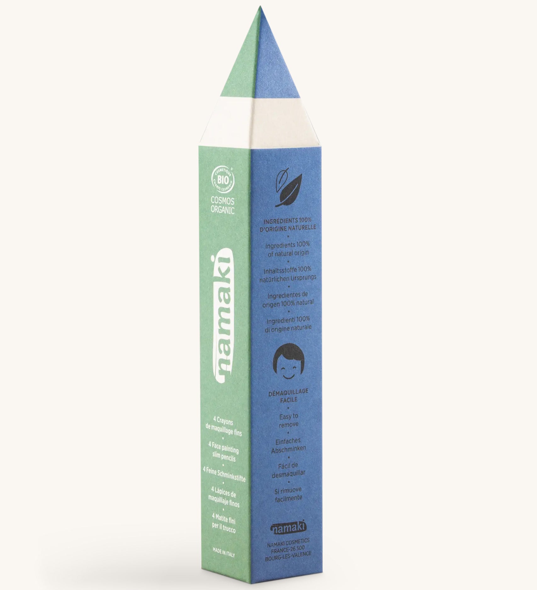 A front view packaging for the Namaki vidid colurs slim pencil set. Showing the front detail and shaped as a pencil in green and blue Features the brand name on the side