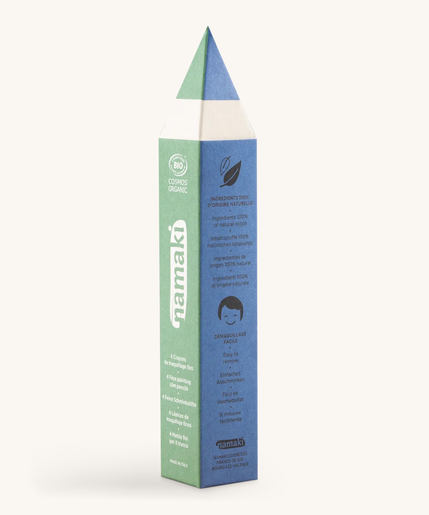 A front view packaging for the Namaki vidid colurs slim pencil set. Showing the front detail and shaped as a pencil in green and blue Features the brand name on the side