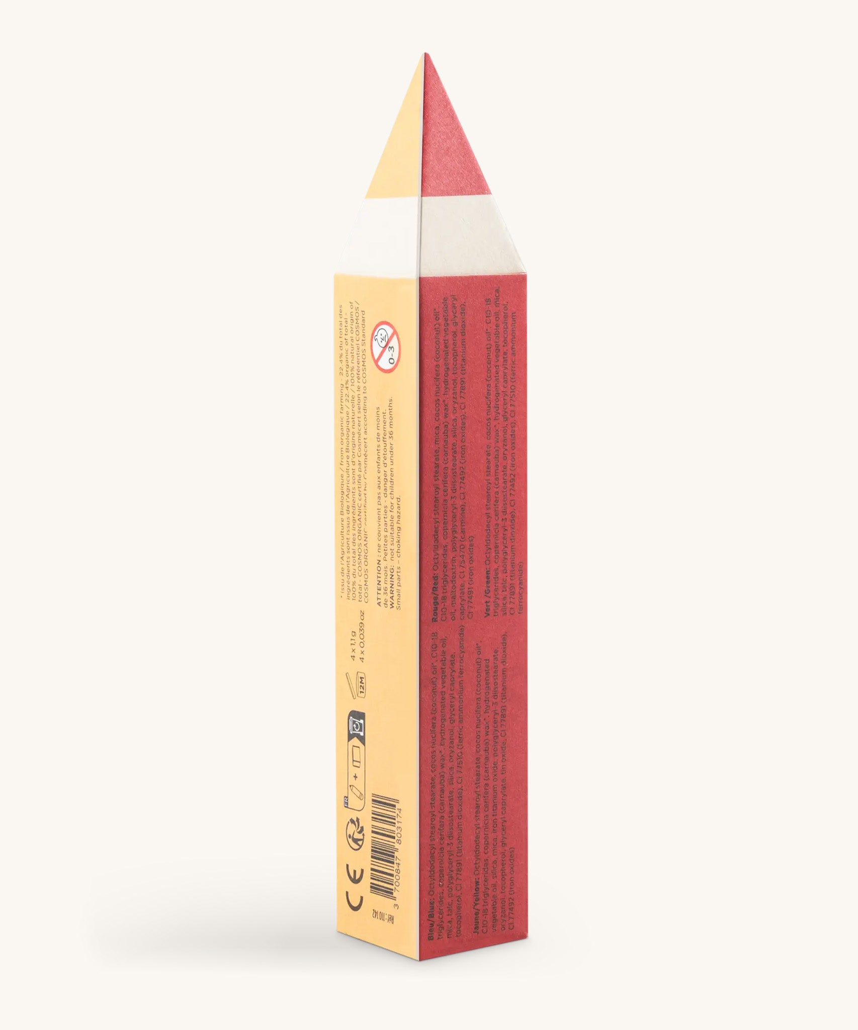 A back view packaging for the Namaki vivid colours slim pencil set. Showing the back detail and shaped as a pencil in yellow and yellow.