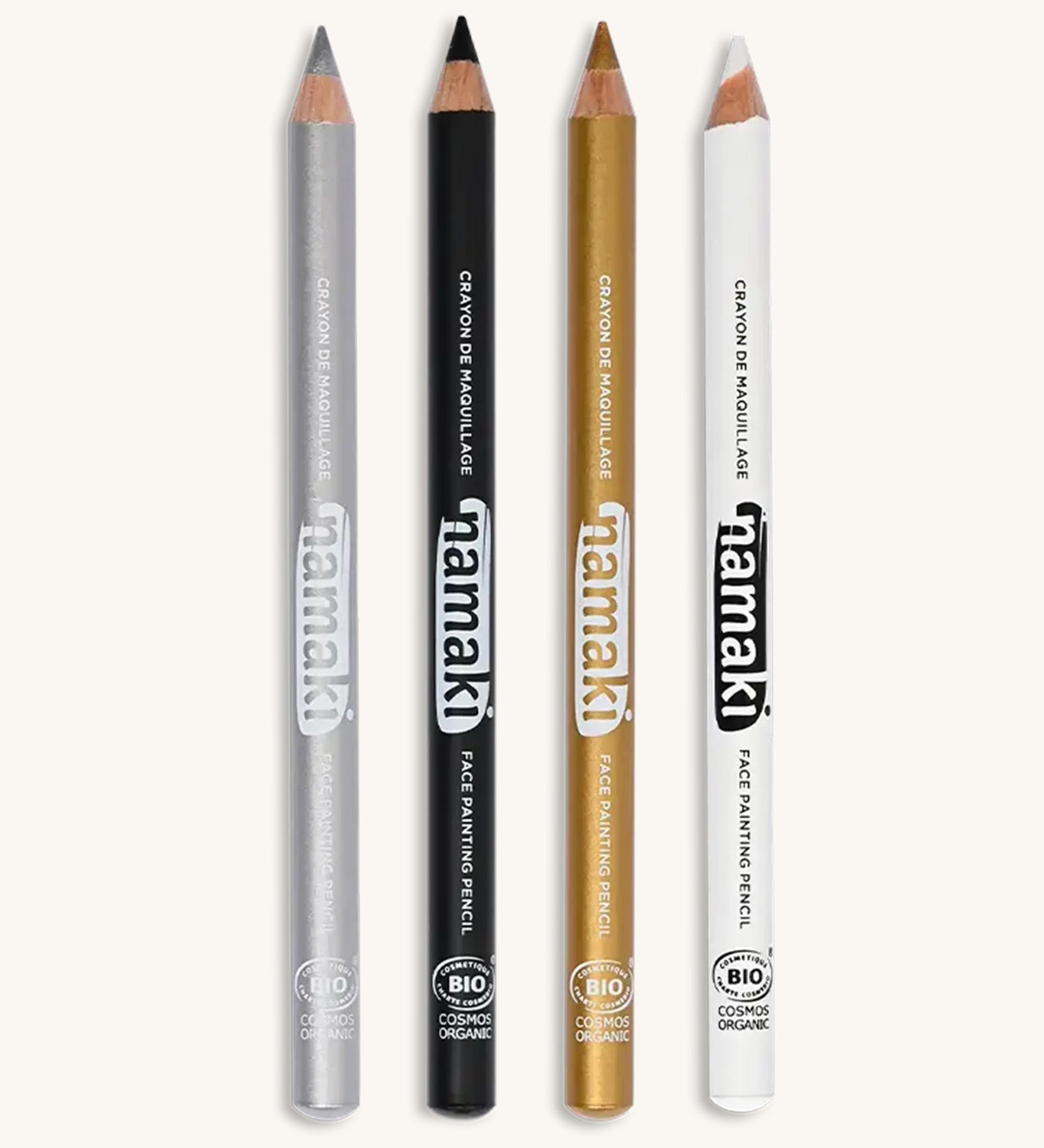 Namaki sparkle coloursface painting slim pencils set. Comes in silver, black, gold and white. Features the brand name on the side of the pencil