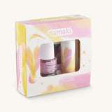 Namaki Swallow Trio Children's beauty Gift Set. The set contains a pink coloured nail polish, a compact mirror and a vanilla lip balm. Namaki have a range of natural and organic face paint sets and makeup for kids available at Babipur. 