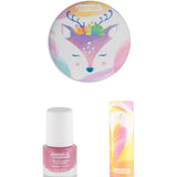 The contents of the Namaki child-friendly, non-toxic makeup trio giftset; a sparkly nail polish, a compact mirror, and a natural lip balm.