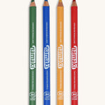 Namaki vivid colours face painting slim pencils set. Comes in, green, blue, yellow and red. Features the brand name on the side of the pencil