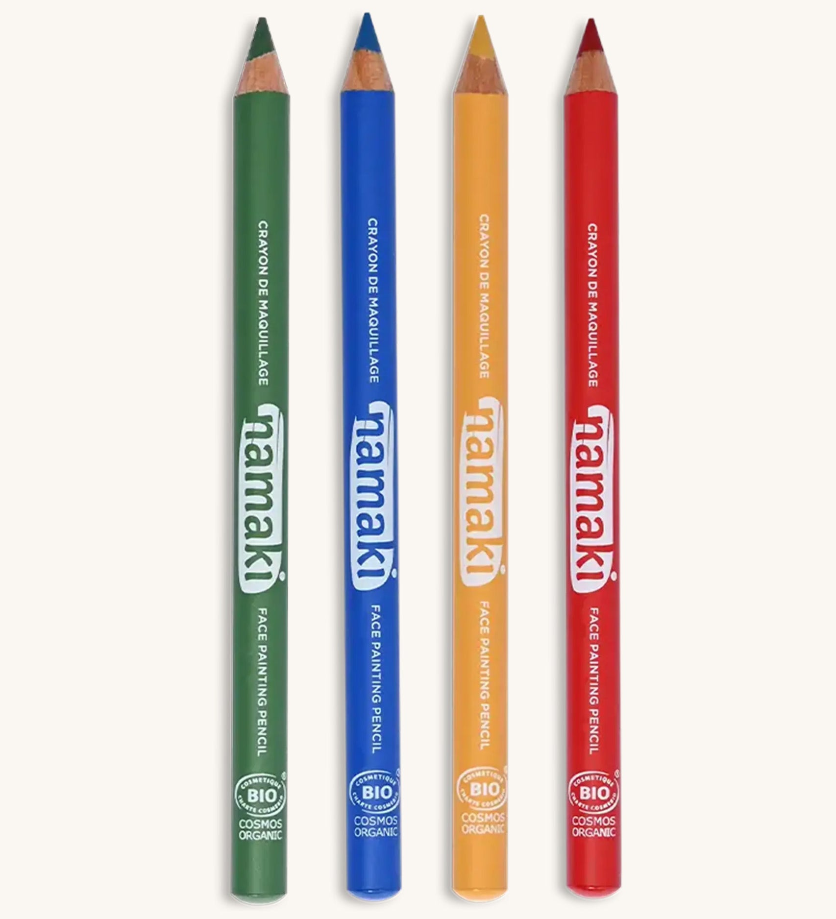 Namaki vivid colours face painting slim pencils set. Comes in, green, blue, yellow and red. Features the brand name on the side of the pencil