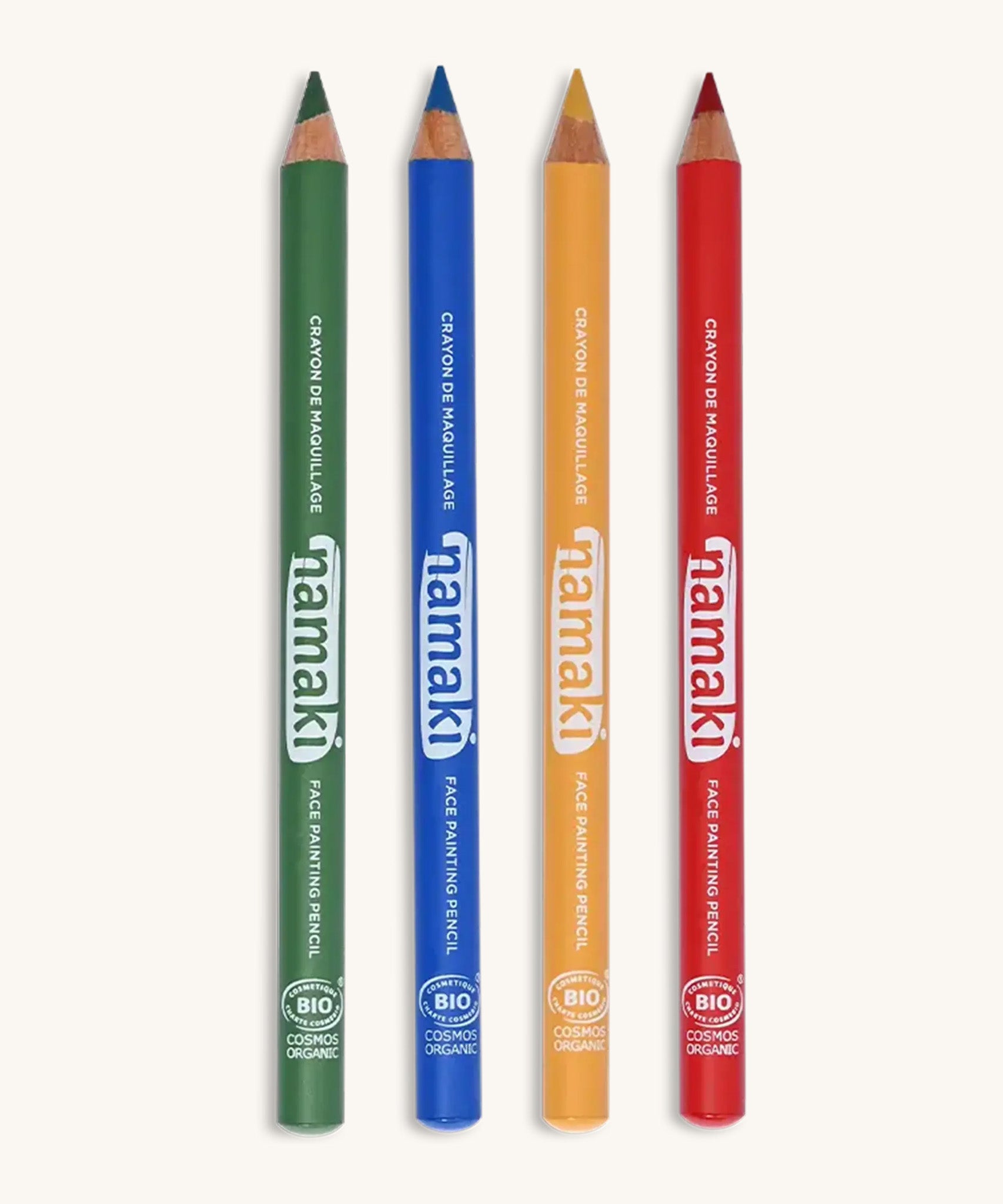 Namaki vivid colours face painting slim pencils set. Comes in, green, blue, yellow and red. Features the brand name on the side of the pencil