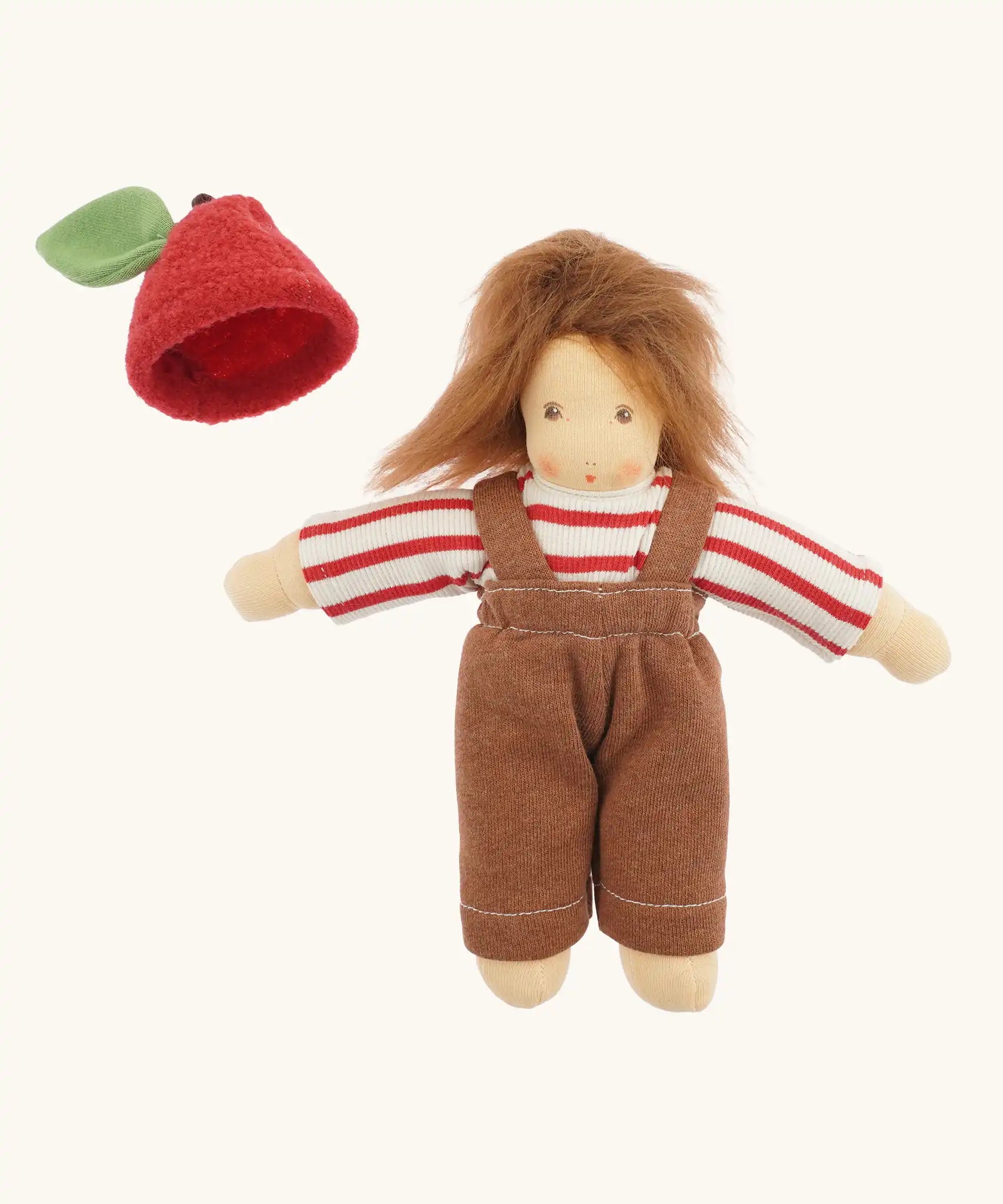Nanchen apple child Waldorf doll Anna with her apple shaped hat removed.