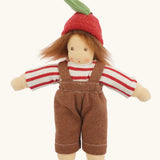 Nanchen apple child Waldorf doll Anna with red and white striped top, brown dungarees and apple shaped felt hat.