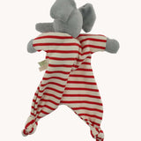 The back of a Nanchen elephant baby comforter soft toy. The grey elephant has a red and white striped body.