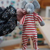A close up of the Nanchen elephant baby comforter soft toy shown in an adult's hand.