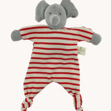 A Nanchen elephant baby comforter soft toy. The grey elephant has a red and white striped body.