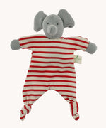 A Nanchen elephant baby comforter soft toy. The grey elephant has a red and white striped body.