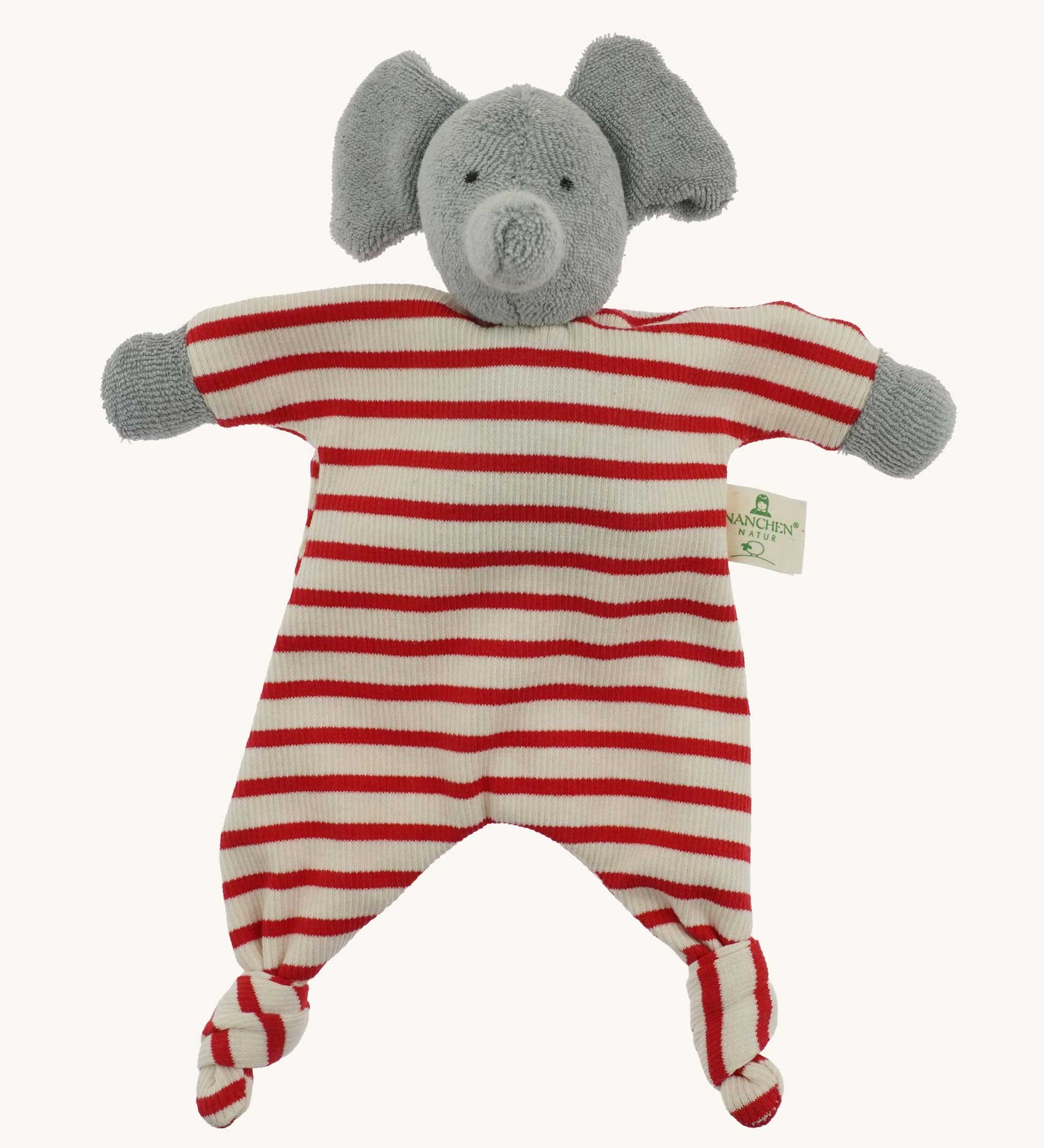 A Nanchen elephant baby comforter soft toy. The grey elephant has a red and white striped body.