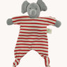 A Nanchen elephant baby comforter soft toy. The grey elephant has a red and white striped body.