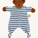 A beautifully handmade teddy bear comforter toy, the Nanchen Baby Comforter - Bear has brown face and  hands, and a blue and white stripe body