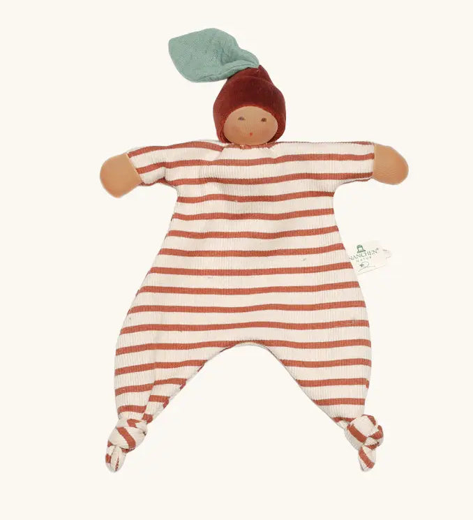 Nanchen Chestnut Baby Comforter Doll with a striped body brown and white body and a chestnut hat
