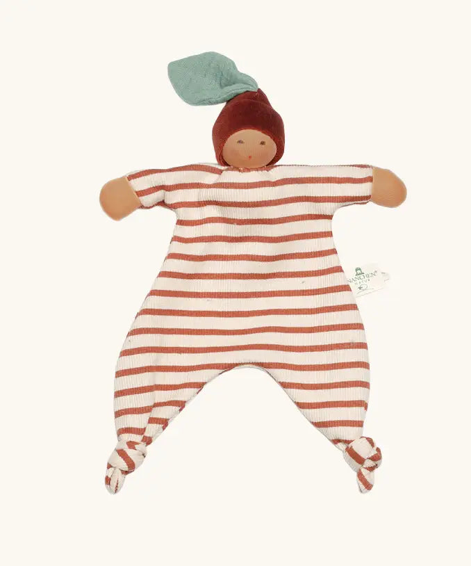 Nanchen Chestnut Baby Comforter Doll with a striped body brown and white body and a chestnut hat