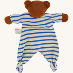 The back of the handmade teddy bear comforter toy, the Nanchen Baby Comforter - Bear has brown face and  hands, and a blue and white stripe body