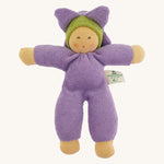 The Nanchen Flower Fairy Rattle Doll as a soft lilac terry material body, with a pretty lilac terry material hat in the shape of a flower, and a green terry strip of fabric just under the hat