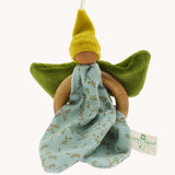 Nanchen green Flower Fairy Ring Grasper. A soft toy attached to a wooden ring that can be used as a grasping toy or hung up.