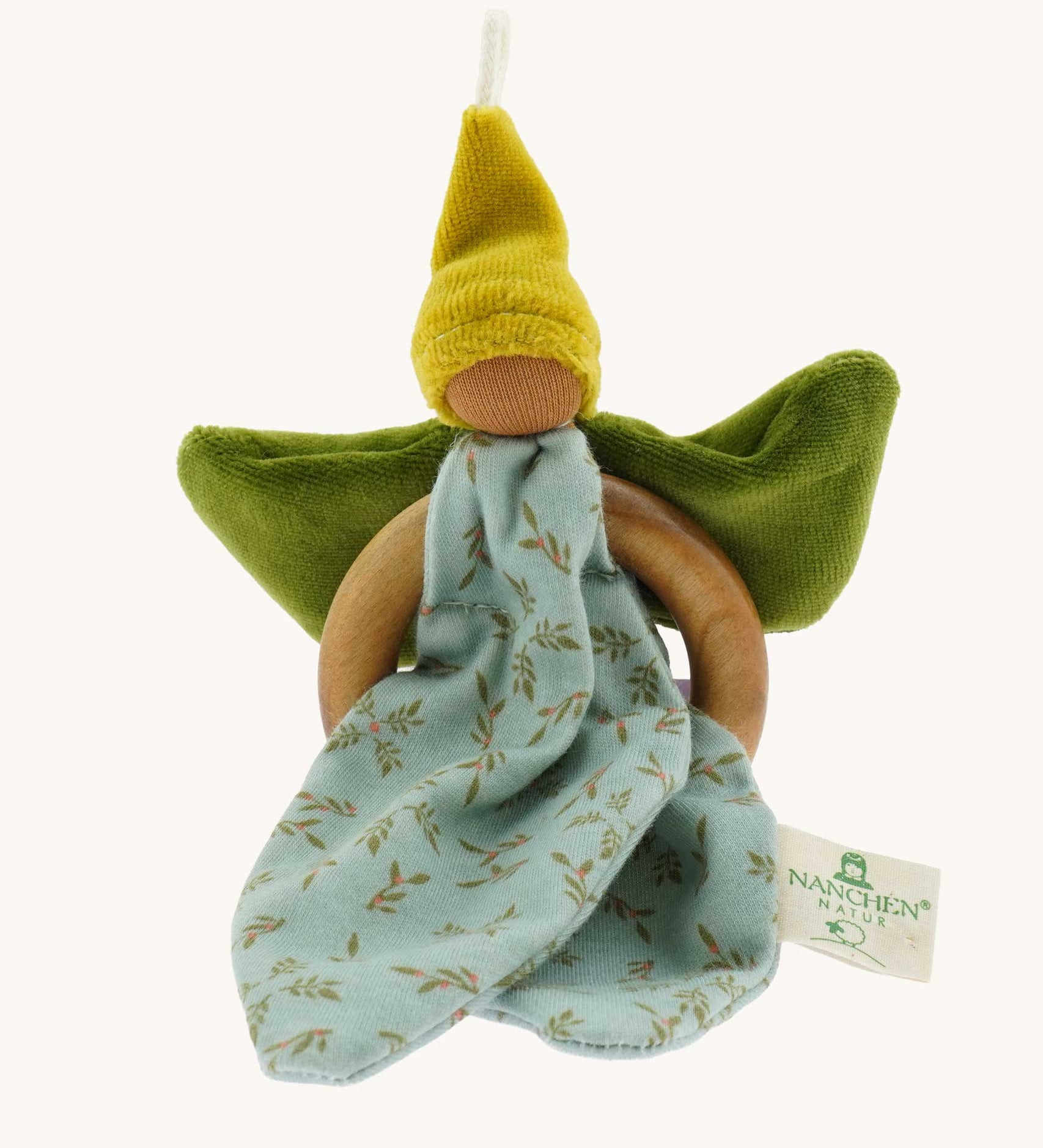 Nanchen green Flower Fairy Ring Grasper. A soft toy attached to a wooden ring that can be used as a grasping toy or hung up.