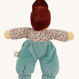 The back of a Nanchen Forest Child Organic and Handcrafted Waldorf Doll in sage green.