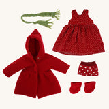 The clothes that come with the Nanchen handcrafted Little Red Riding Hood waldorf doll all laid out.