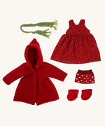 The clothes that come with the Nanchen handcrafted Little Red Riding Hood waldorf doll all laid out.