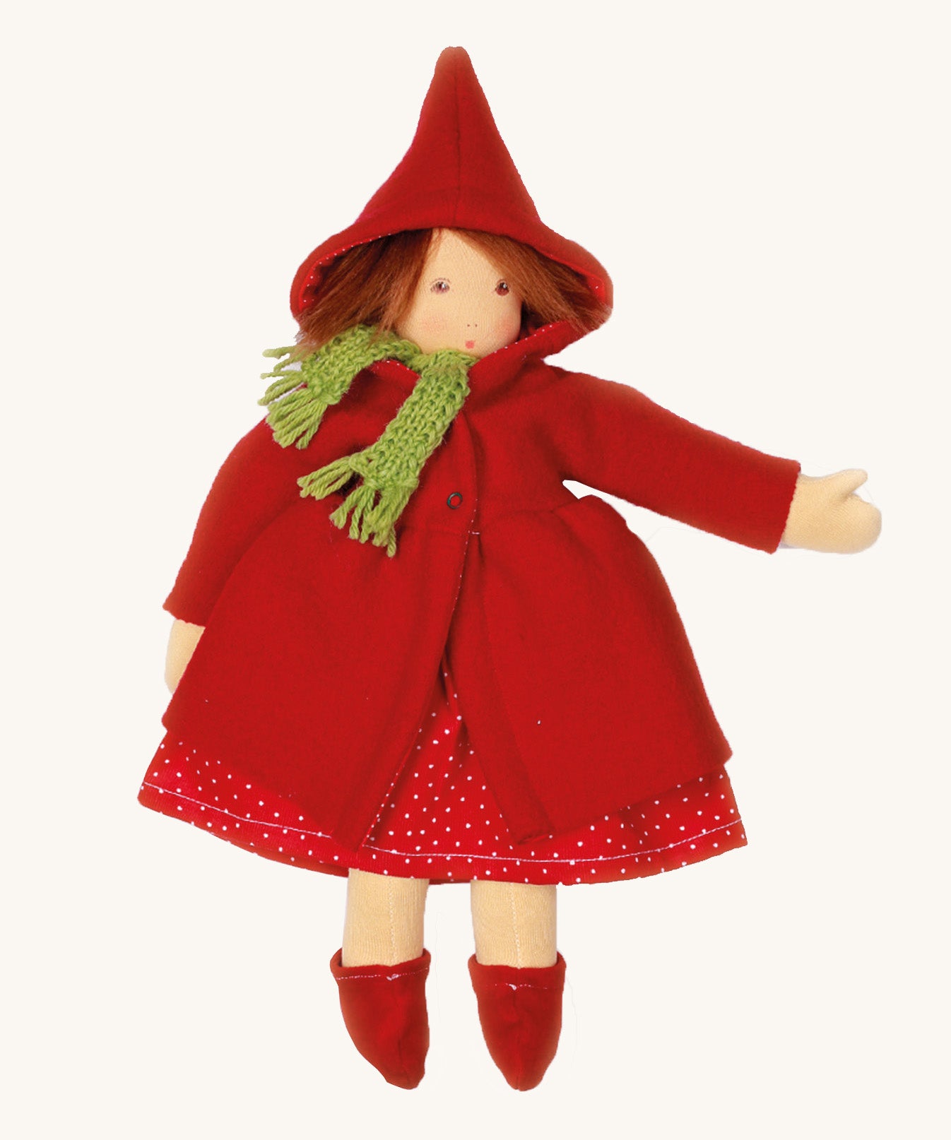 Nanchen handcrafted Little Red Riding Hood Waldorf doll. This doll has a removable outfit, all the pieces are beautifully detailed.  