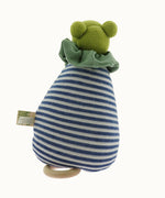 The back of the Nanchen Brave Little Frog Lullaby Music Doll. A musical Waldorf doll, made from organic cotton and sheep's wool. 