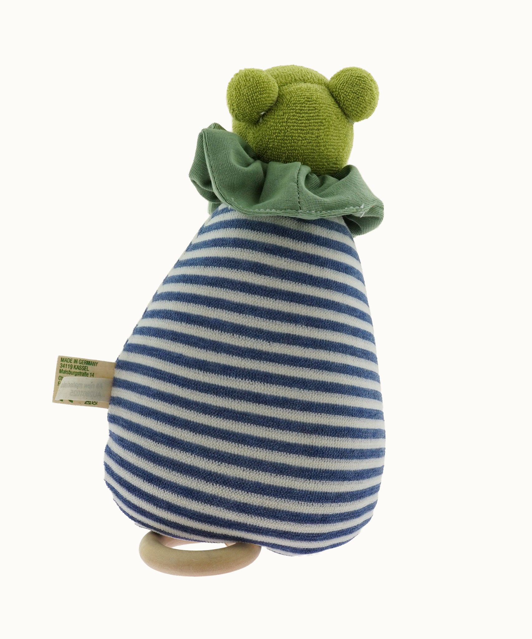 The back of the Nanchen Brave Little Frog Lullaby Music Doll. A musical Waldorf doll, made from organic cotton and sheep's wool. 