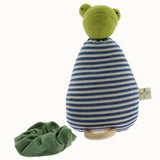 The Nanchen Brave Little Frog Lullaby Music Doll with it's green collar off. A musical Waldorf doll, made from organic cotton and sheep's wool. 
