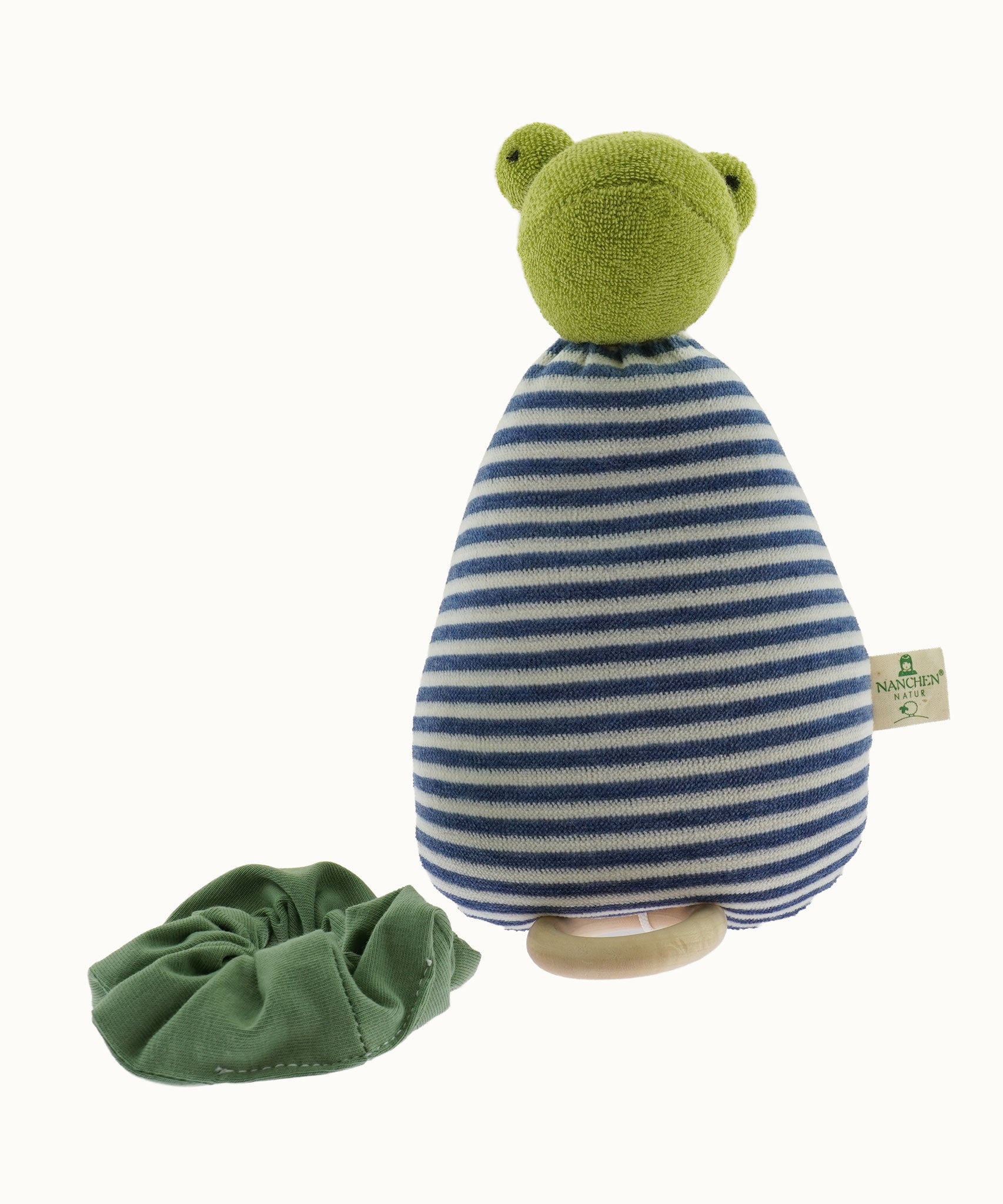 The Nanchen Brave Little Frog Lullaby Music Doll with it's green collar off. A musical Waldorf doll, made from organic cotton and sheep's wool. 