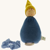 The Nanchen Dream King Frog Lullaby Music Doll with it's blue floral collar taken off. A musical Waldorf doll, made from organic cotton and sheep's wool. 